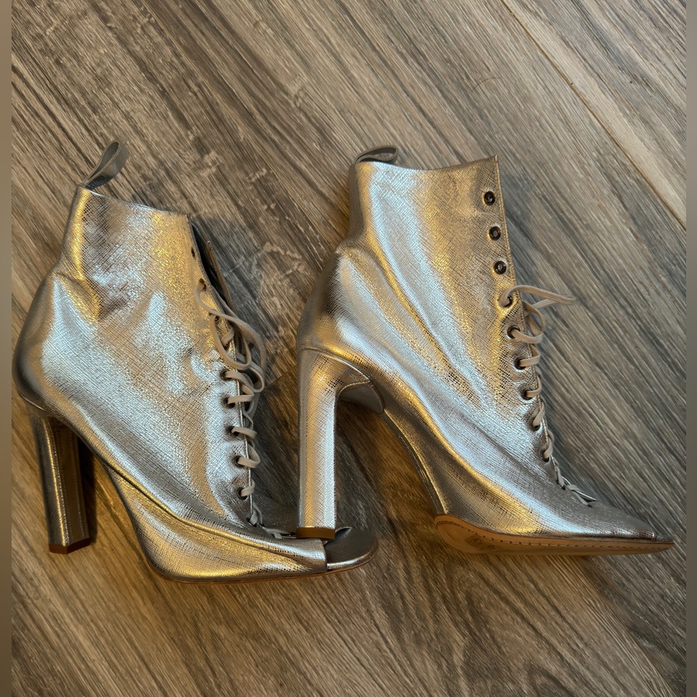 Edited by Marco Zanini Silver Leather Peep-toe Lace Up Boots with Dust Bag